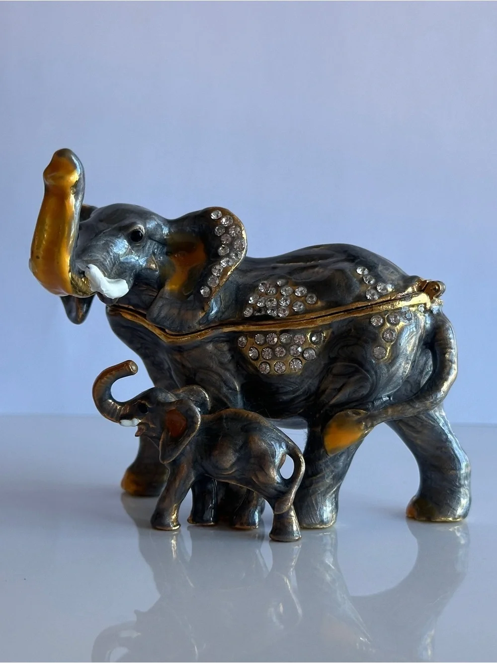 Vntg Jeweled Enamel Collection Elephant & baby Hinged Trinket Box CrackerBarrel